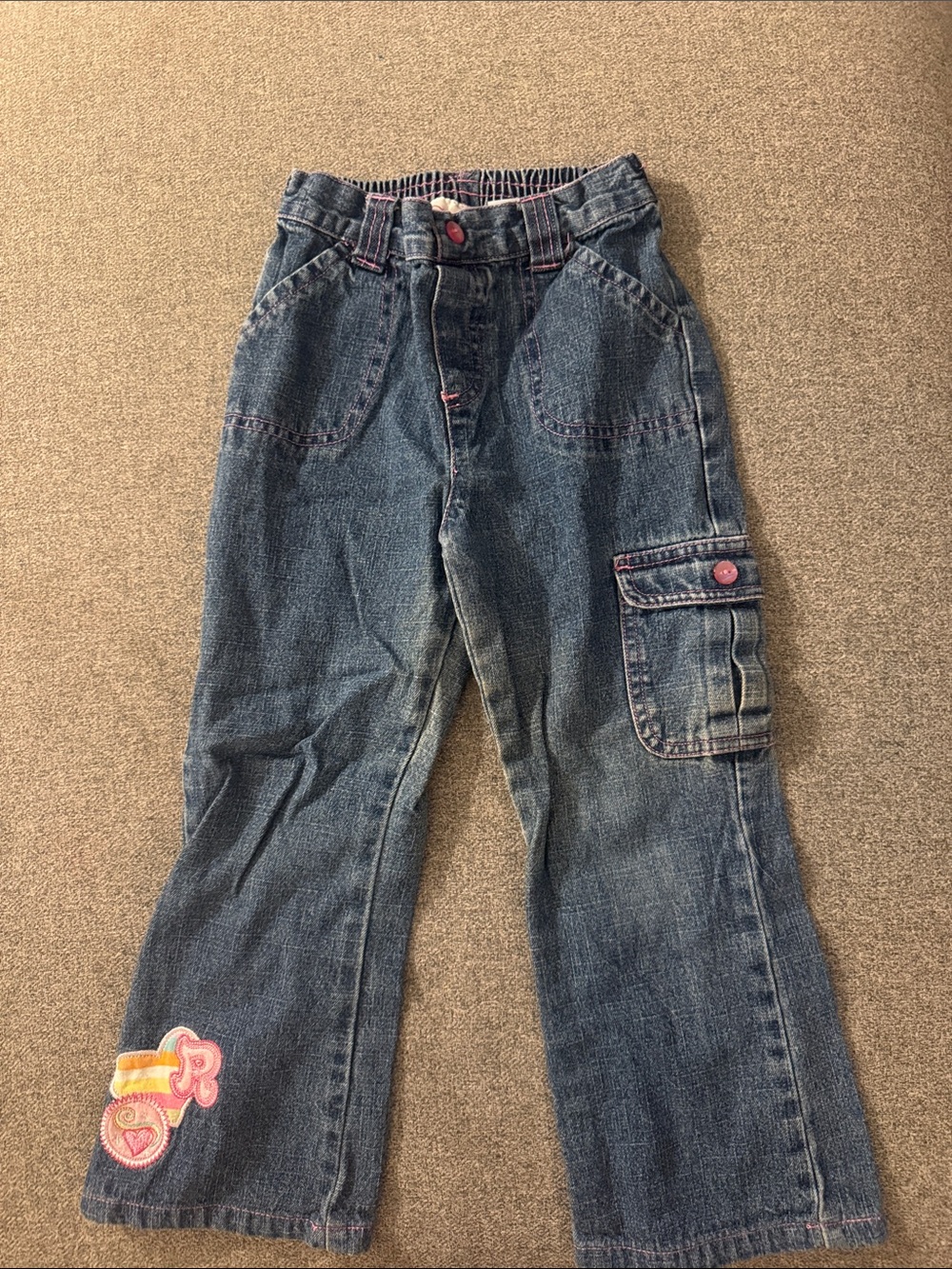 5/$15-Kids Dark Blue Denim Cargo Jeans with Patch